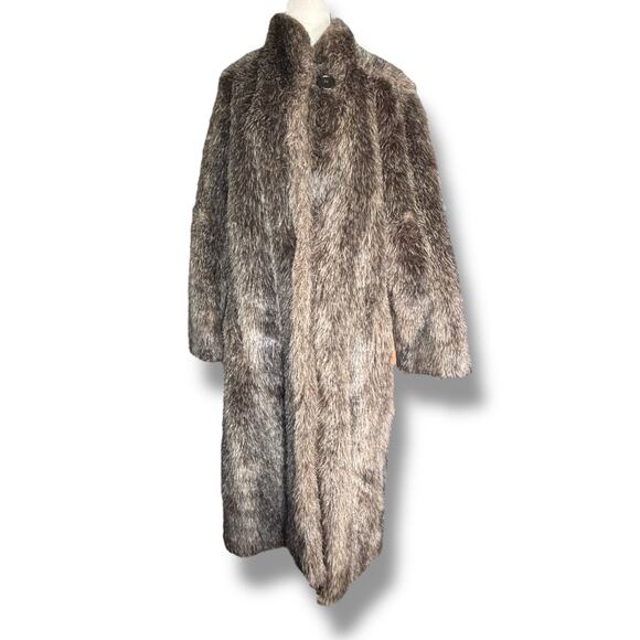 Vintage 1970s Furrrina Faux Fur Coat Brown Gray Longline Plush Mod Glam Winter - Picture 1 of 14
